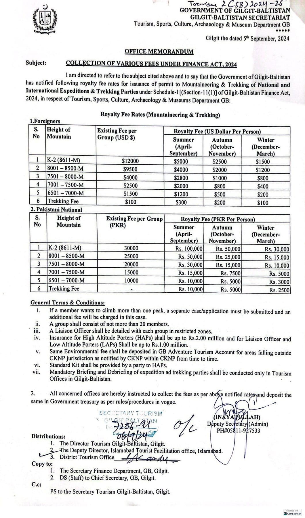 Official document containing a price lists for Pakistan mountains